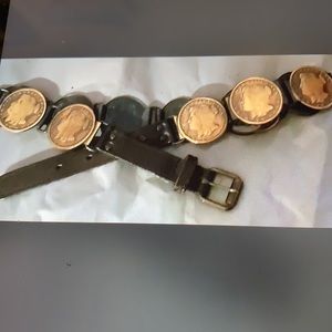 VINTAGE COIN BELT METAL ALLOY “PLATERIUS UNUS REX IV” LENGTH 32 inches